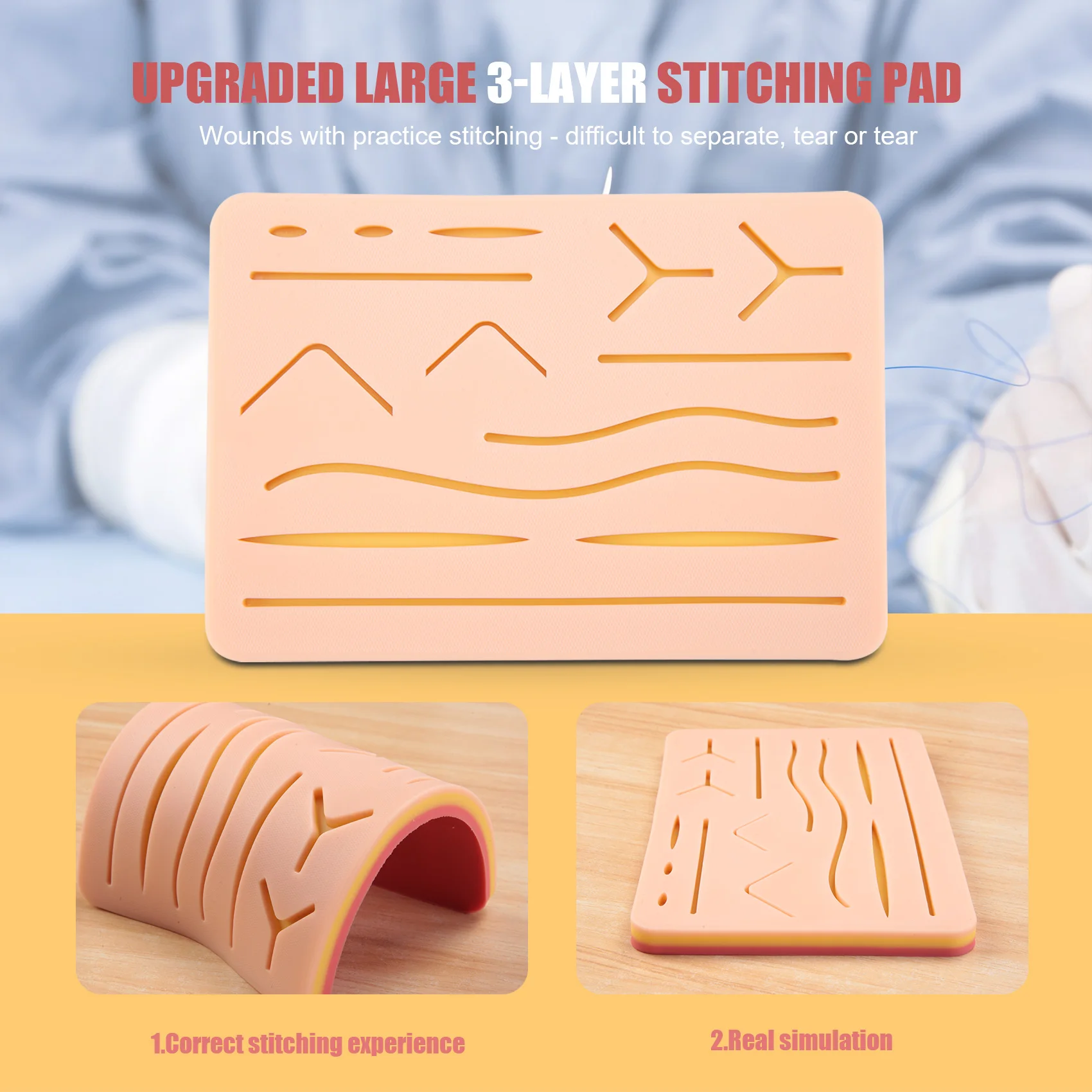 AED6-Upgraded Large 3-Layer Suture Pad With Wounds For Practicing Suturing - Not Easily Separate, Tear Or Rip