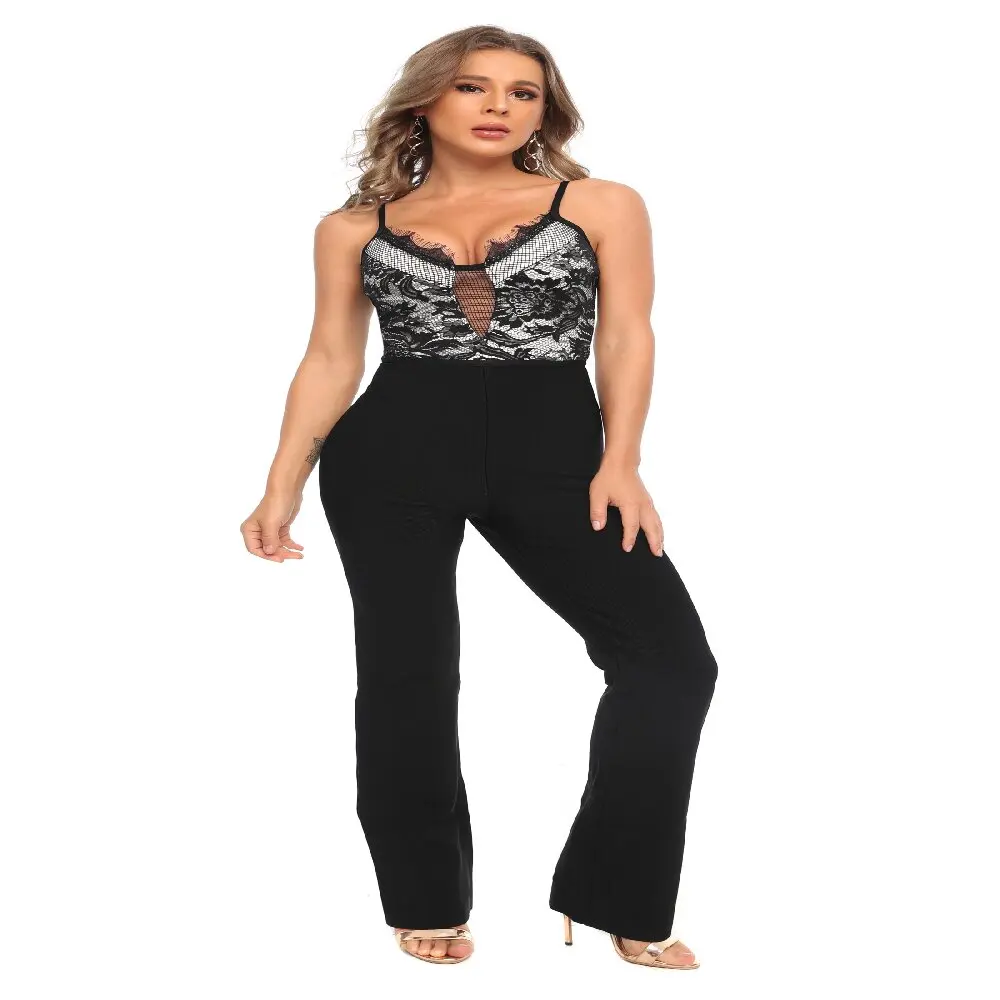 Women's Casual Clothing Fashion V-Neck Lace Splicing Jumpsuits Chic Streetwear Elegant Slim Capris Celebrity Party Pant Sets