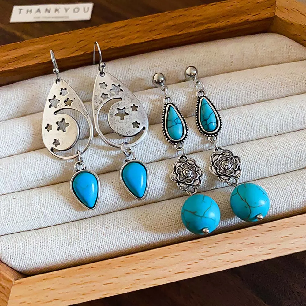 Water Droplet Shape Western Country Earrings Jewelry accessories Fashion Ornament Turquoise Earrings Moon Stars Alloy Earrings