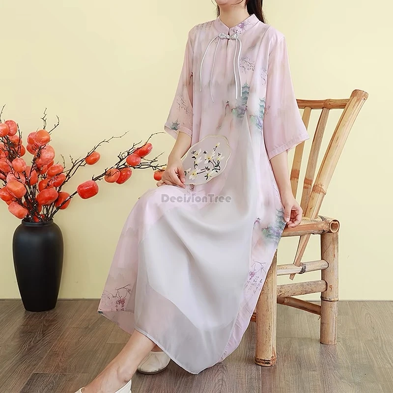 

2024 retro chinese ethnic printing chiffon qipao dress simple thin leisure fairy bilayer cheongsam graceful literature art qipao