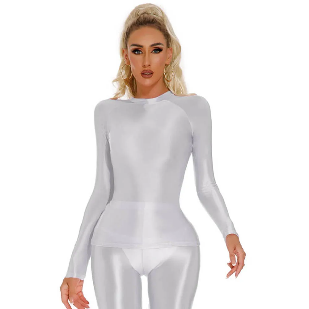 Glänzendes Elastisches Langarm-Shirt für Damen Fitness Gym Athletik Yoga T-Shirt Eng Anliegendes Sexy Oberteil Lässiges Crop Top Bustier-Top – Detail 7
