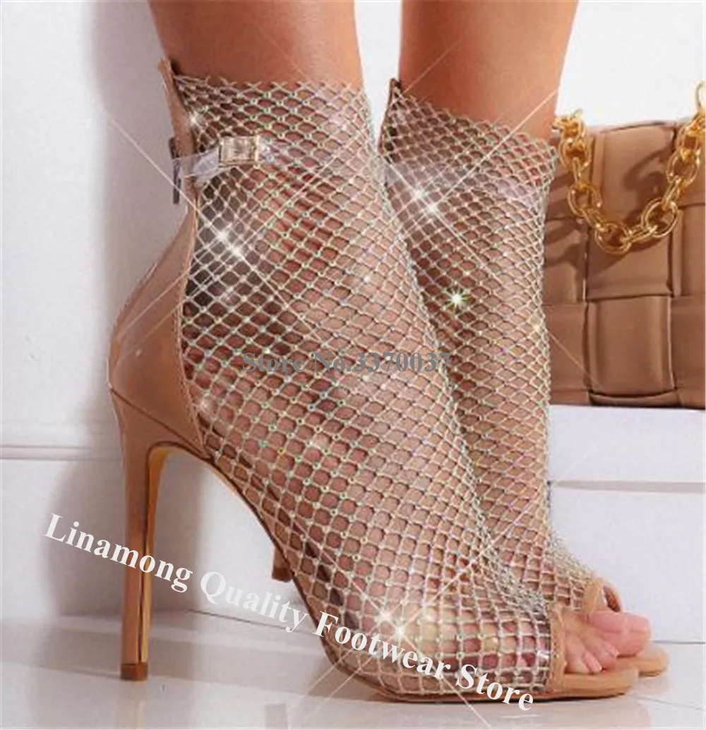 Linamong Bling Bling Rhinestones Mesh Thin Heel Short Sandal Boots Peep Toe Black Nude Crystals High Heel Ankle Sock Pumps