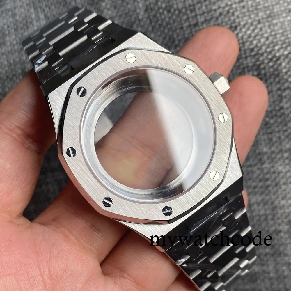 42mm Stainless Steel Octagonal Brushed Watch Case Fit NH35 NH36  NH70 NH72 Movement Rubber Bracelet Sapphire Glass