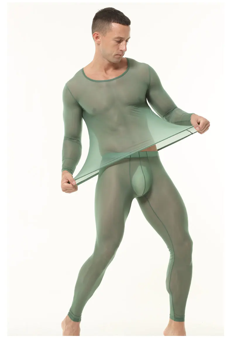 

Мужской ультратонкий комплект нижнего белья из ледяного шелка: сексуальный прозрачный облегающий базовый слой для фитнеса и спорта, прозрачный боди-комбинезон, леггинсы, топ