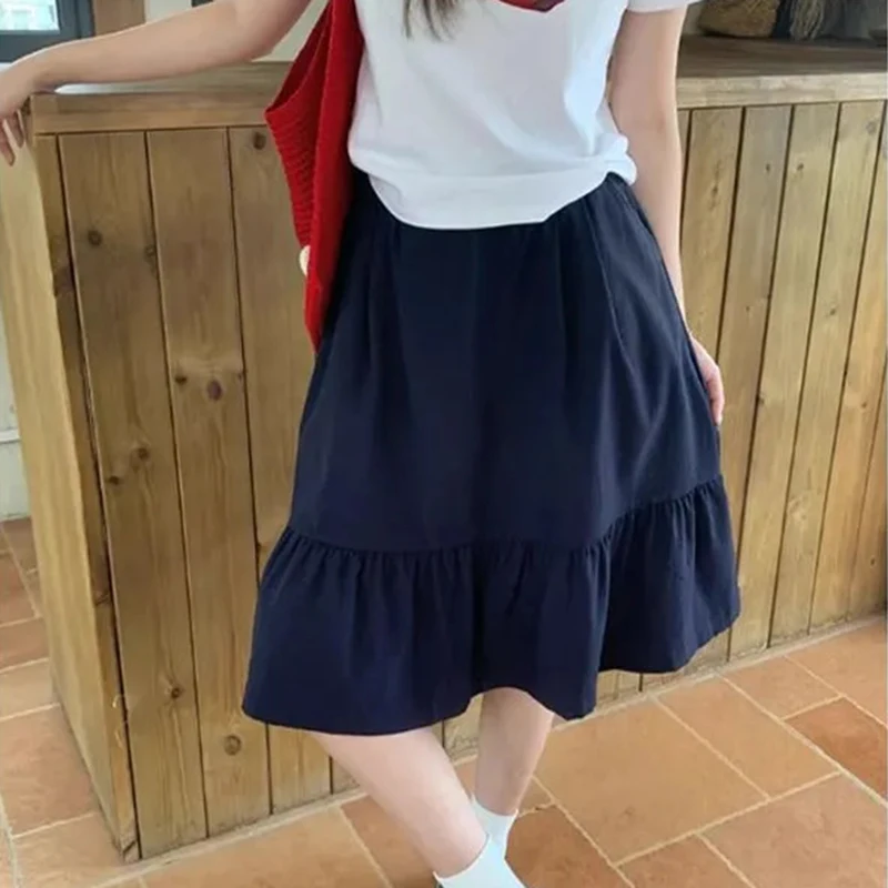 Japanese Preppy Midi Skirt Women Summer Sweet Loose Casual Pleated Skirts High Waist A Line Solid Simple Student Harajuku Skirt