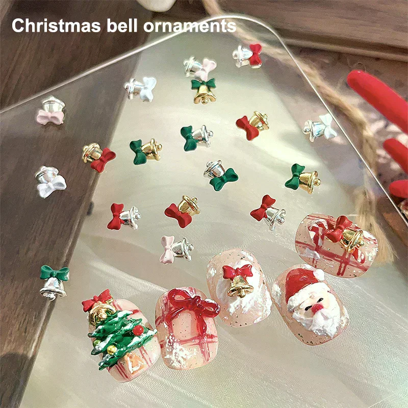 5Pcs Christmas Alloy Nail Accessories Mini Colored Bow Bell Rhinestones Jewelry Nail Art Charms Decorations 3D Flat Back Parts
