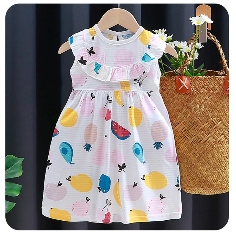 0-4T Sweet Cartoon A-line Toddler Baby Girl Dress Kids Floral Bow Dress Children Sleeveless Summer Clothes Party Dress