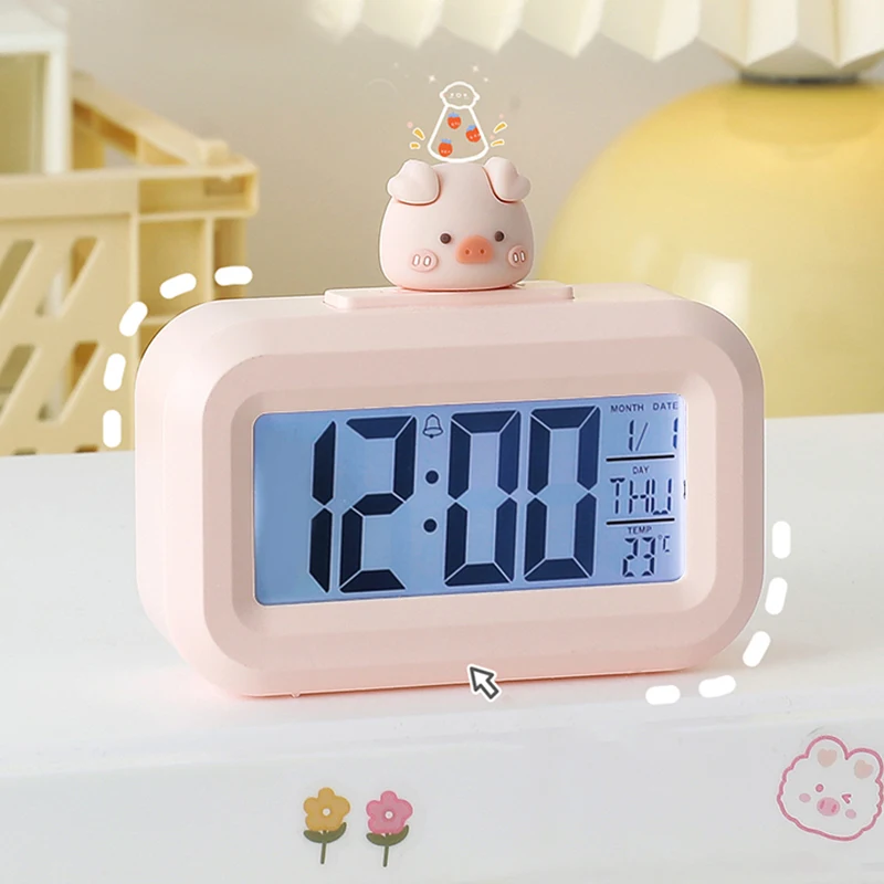 Kawaii LED Digital Clock Cute Rome Decor Cartoon Pig Alarm Clock with Night Light Room Cute Watch Bedroom Bedside Ornaments 