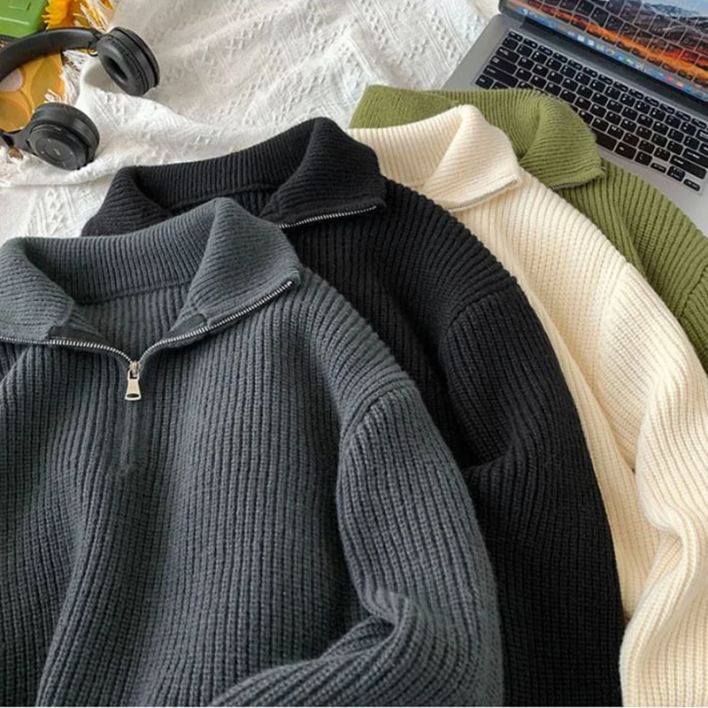 

Zipper Turtleneck Women Knitted Sweatshirt Y2K Korean Loose Lazy Style Solid Sweater Bf Fall Winter Thick All Match Pullovers