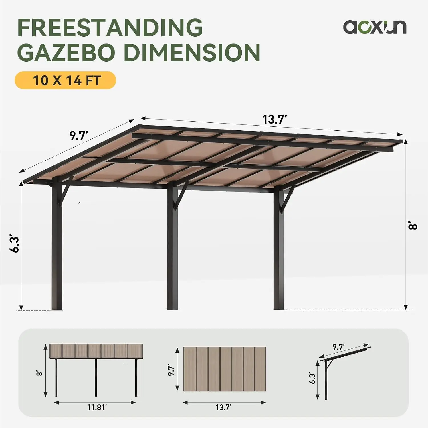 14' x 10' Gazebo Pergola with Hard Metal Roof, Heavy Duty Freestanding Carport for Patio Backyard, 4.72