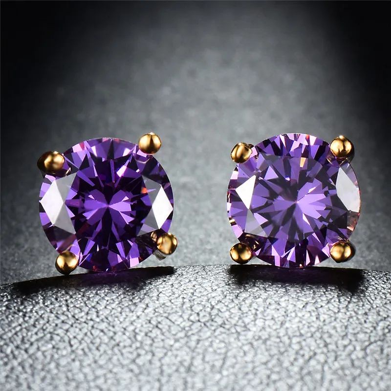 Crystal Female Vintage Gold Color Wedding Jewelry Classic 4 Prong Black Purple Round Stud Earrings For Women