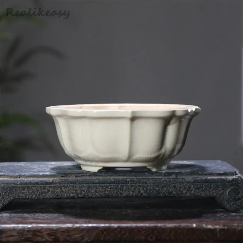 Yixing Purple Clay Flower Pot Crack Ceramic Bonsai Pot Lotus Shape Zen Chinese Style Ancient Decorative Small Flower Pot LE144