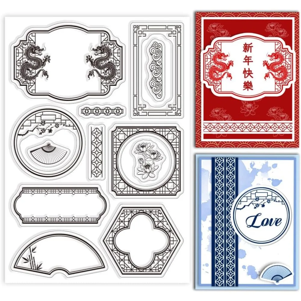 Chinese Border Frame Clear Stamps for Cards Making Dragon Bamboo Clear Stamp Seals Transparent Stamps for DIY Scrapbooking