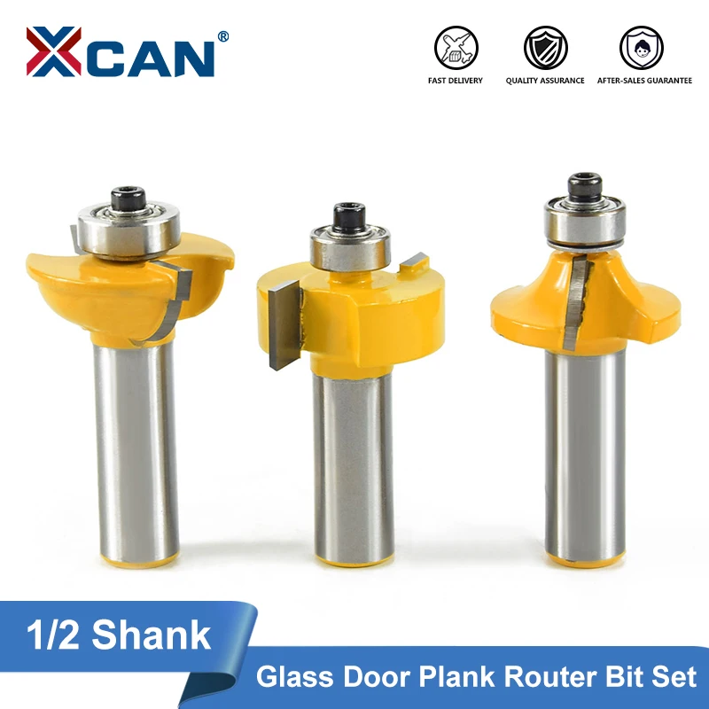 

XCAN 3pcs Glass Door Plank Router Bit Set 1/2 Shank Tenon Cutter With Bearing Guides 2 Flutes End Mill For Frame Door