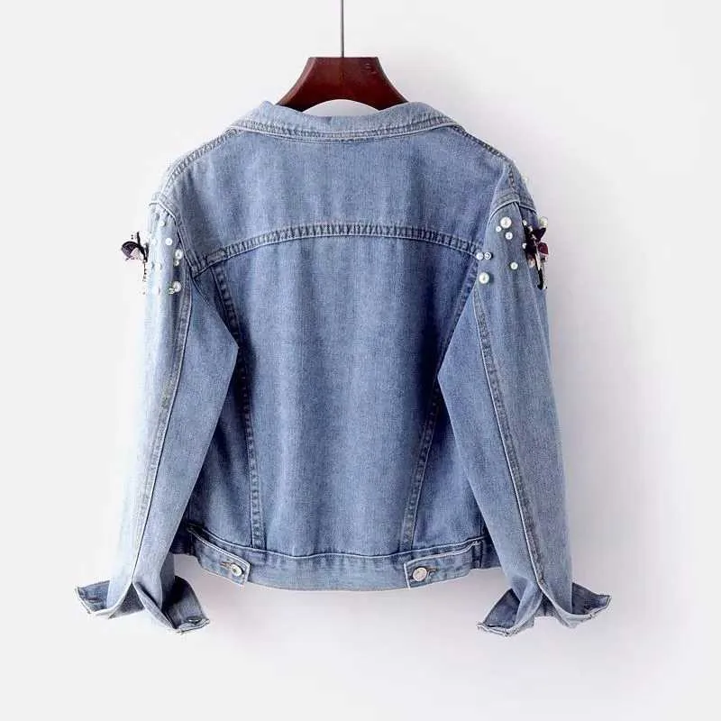 Autumn Ladies Short Beading Denim Jacket Retro Women Long Sleeves Denim Outwear 2026 Femme Fashion Cowboy Tops Coat Outwear