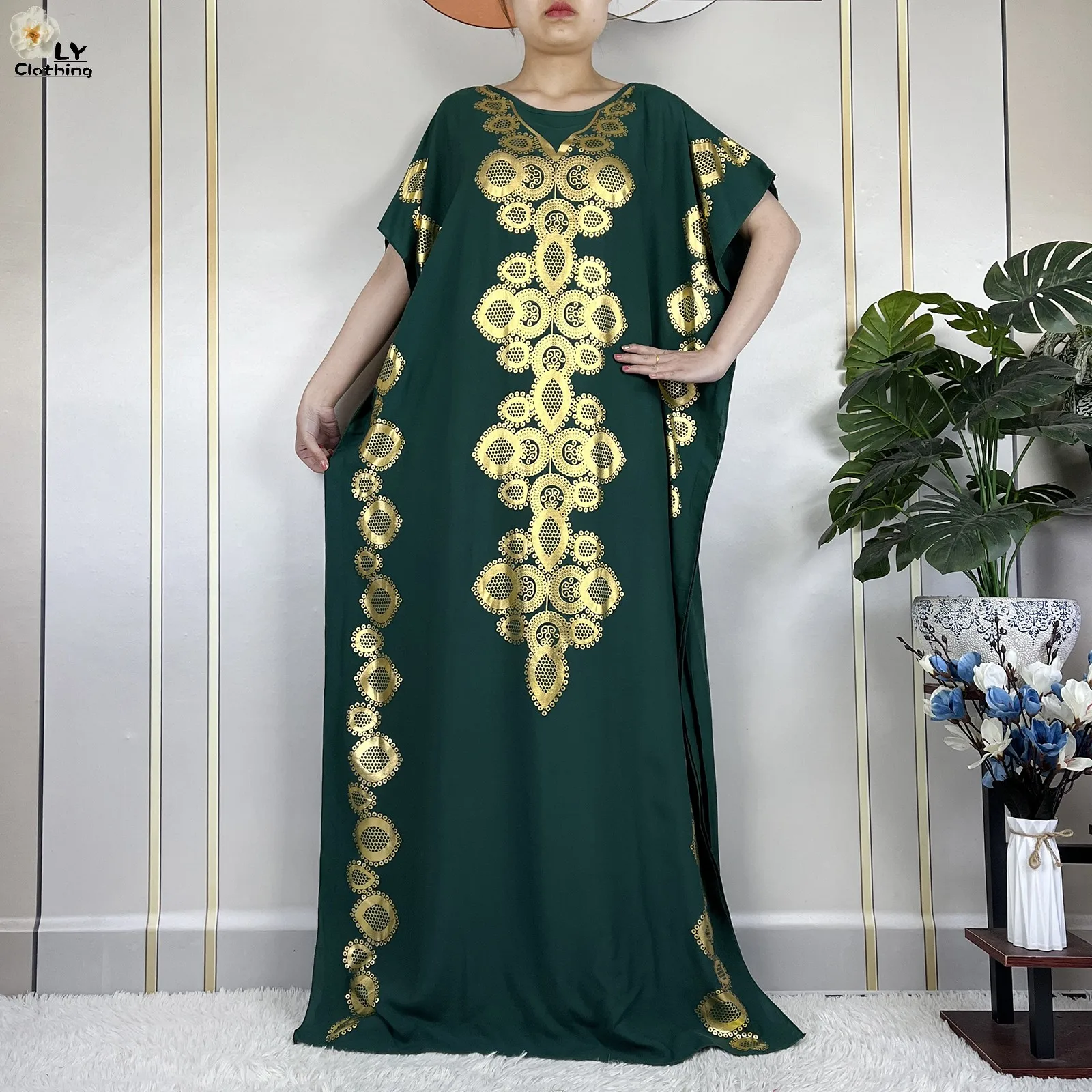 New Style African Abaya Summer Short Sleeve Loose Dress Cotton Muslim Maxi Femme Dress With Big Scarf Dubai Islam Casual Robe