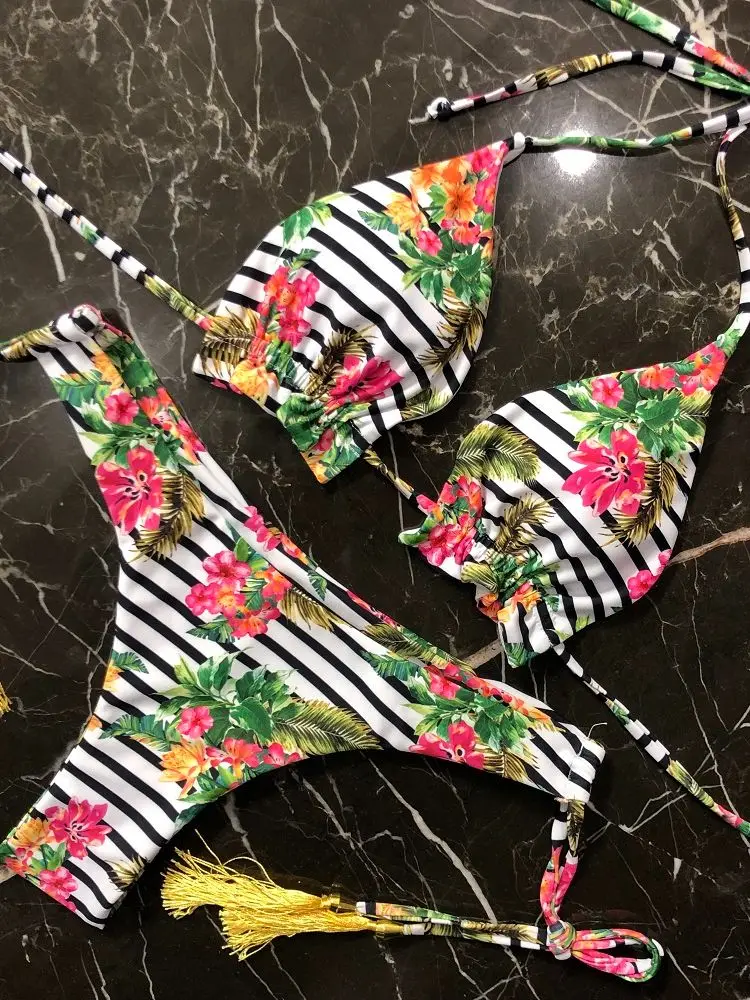 Women Swimsuit Push Up Dyeing Plant Print Swimwear Bathing Suit With Padded Bikini Set Swimwear Biquinis Feminino Tassel Stripes