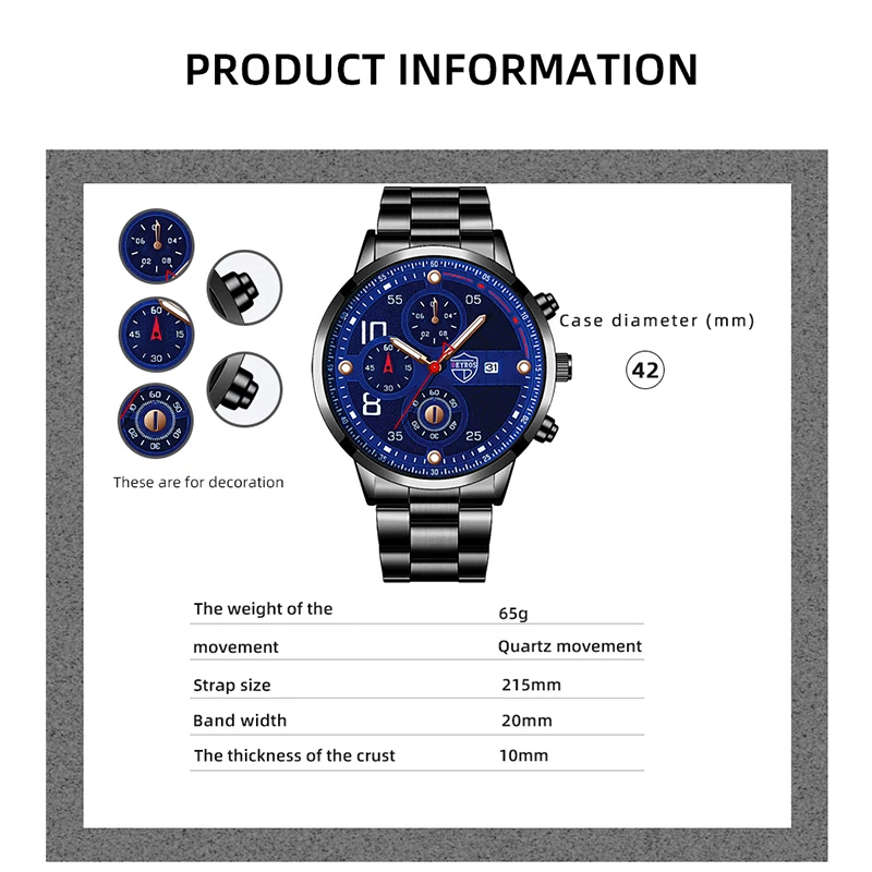 Men\'s Luxury Stainless Steel Quartz Watches Man Calendar Sports Leather Clock Fashion Male Luminous Watch Bracelet Set