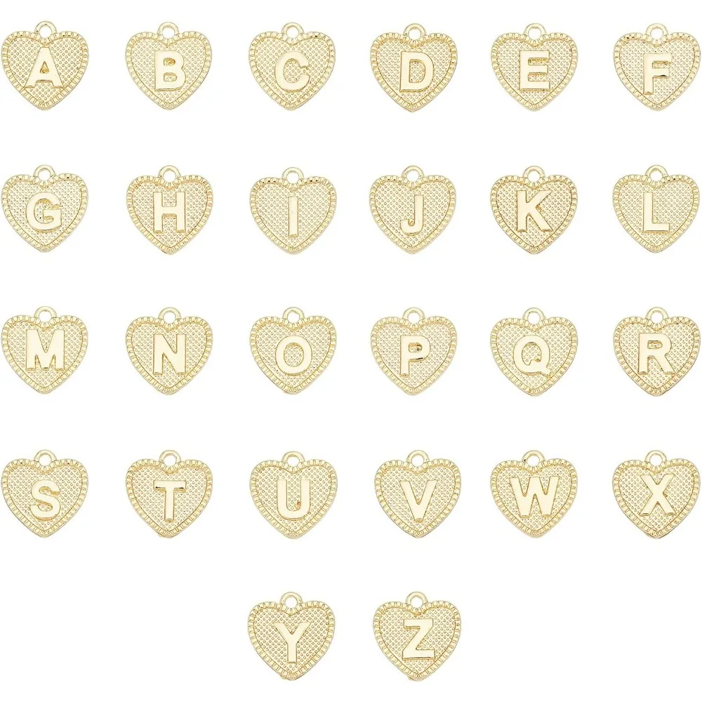 26szt Alloy Alphabet Metal Charms Golden Heart with Alphabet Pendants Letter A~Z Charms 2mm Hole Pendant for DIY making kit