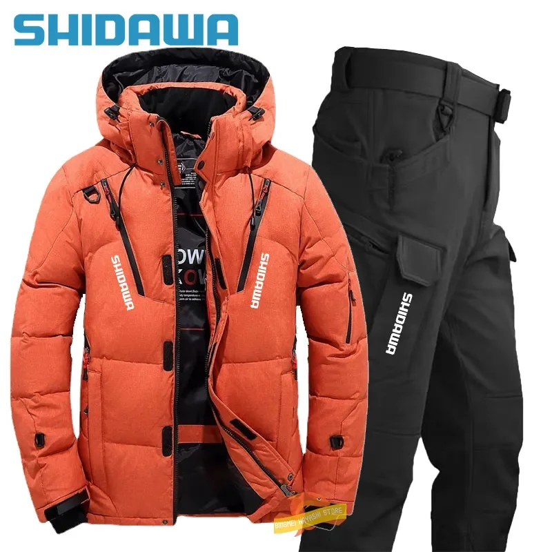 New Men Winter Thicken Warm Fishing Suits Outdoor Windproof Breathable Fishing Multi Pocket Hooded Down Jackets+waterproof Pants