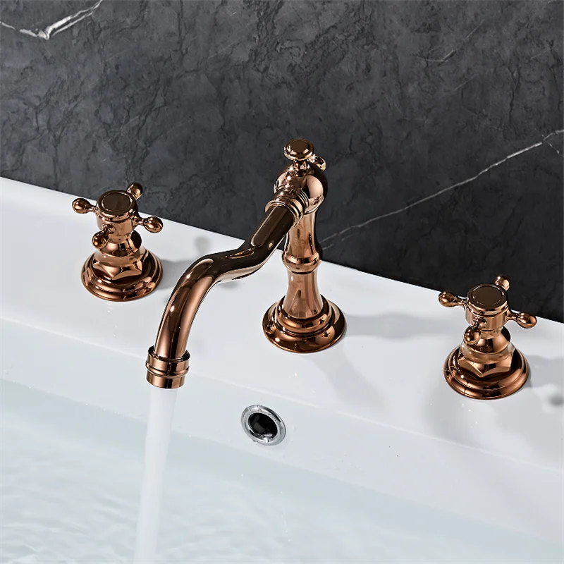 

Смеситель для раковины Tuqiu, латунный, цвет розовое золото, винтажный, с 3 отверстиями, с двумя ручками, для горячей и холодной воды