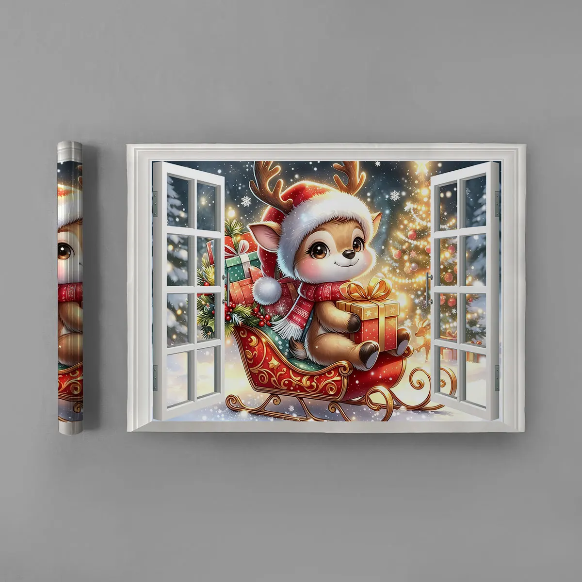 1pc simulated window wall sticker featuring Christmas deer sitting on sled holding gifts decoration waterproof concealing fla