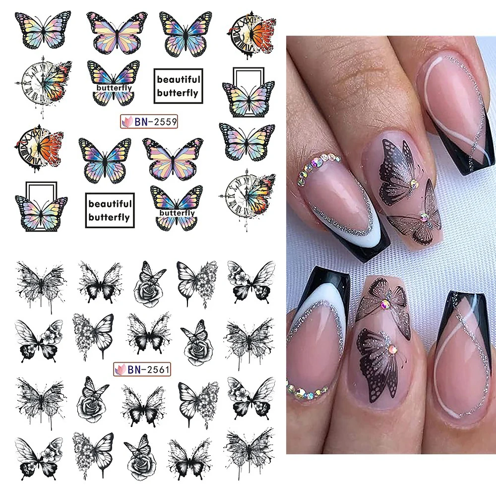 Schmetterling Wasser Nail Art Aufkleber Frühling bunte Schmetterling Blumen Blätter Transfer Schieber für Maniküre Dekorationen NLBN2557-2568