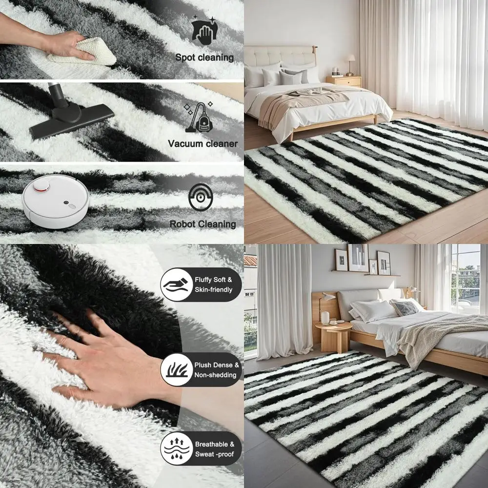 

Black & White Striped Fluffy Plush Rugs for Bedrooms, Non-Slip Washable Area Rugs for Living Rooms, Soft Shaggy Carpets for Kids