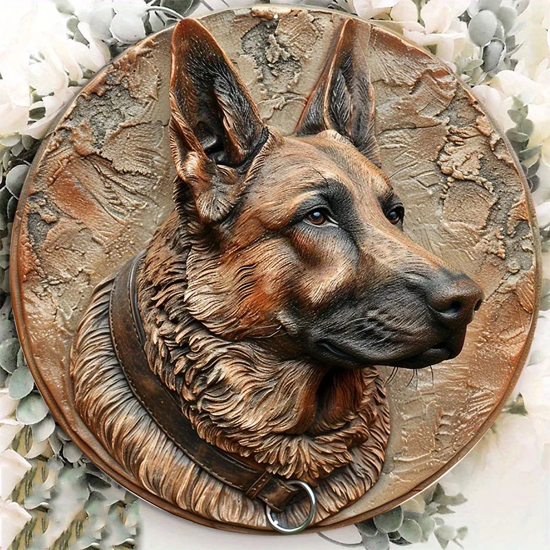 

Aluminum Circular Metal Sign Plaque, German Shepherd Dog Statues, Animal Sculpture Figurines, 8x8Inch, 1Pc