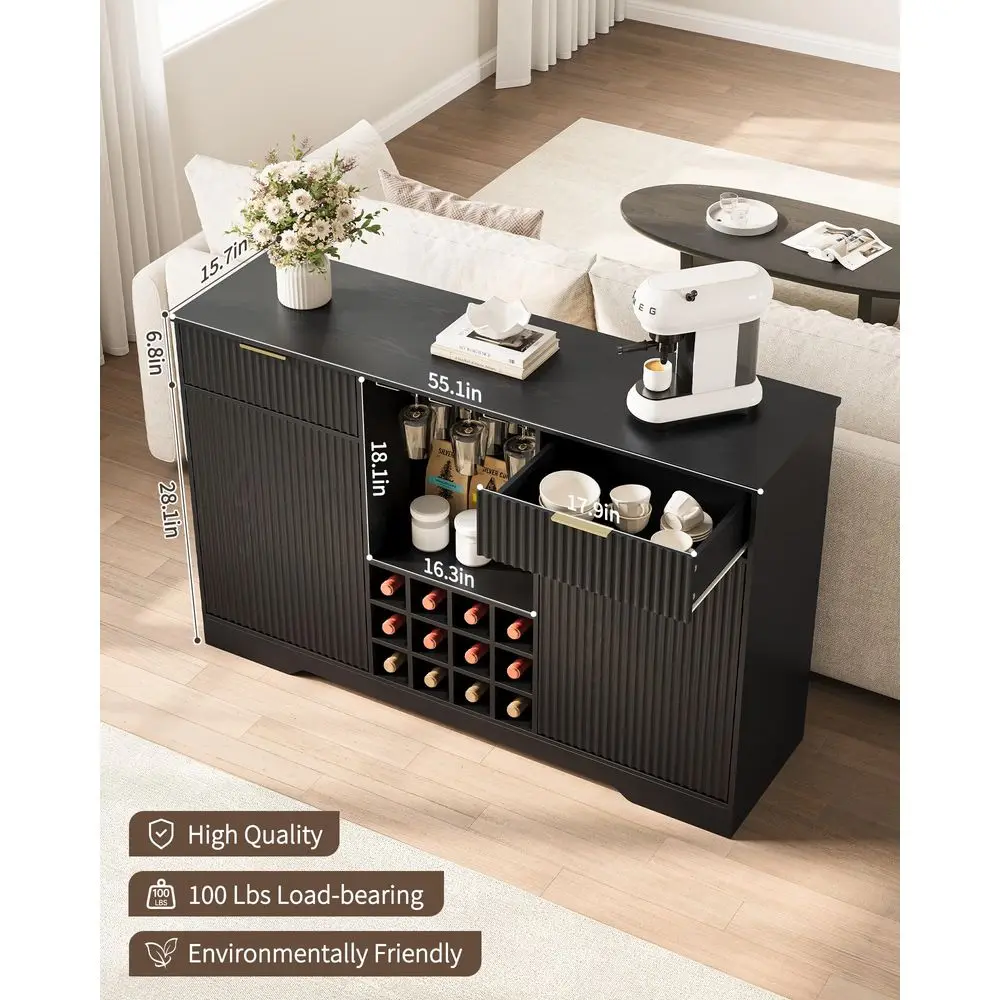 

Барный шкаф с рифленой отделкой для дома, с местом для хранения, 2 дверцами и 2 ящиками, буфет-сервант с полкой для алкоголя и стеклянными дверцами.