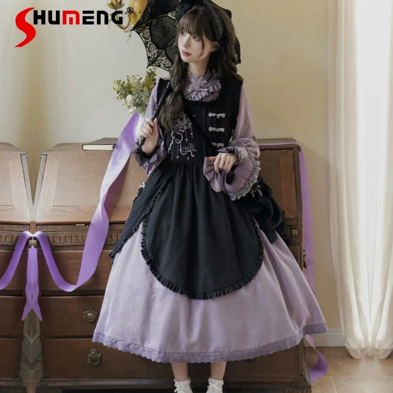 

New Japanese Original Design Chinese Style Long Sleeves Petal Collar Drawstring Op Embroidered Apron Lolita Vestidos De Mujer