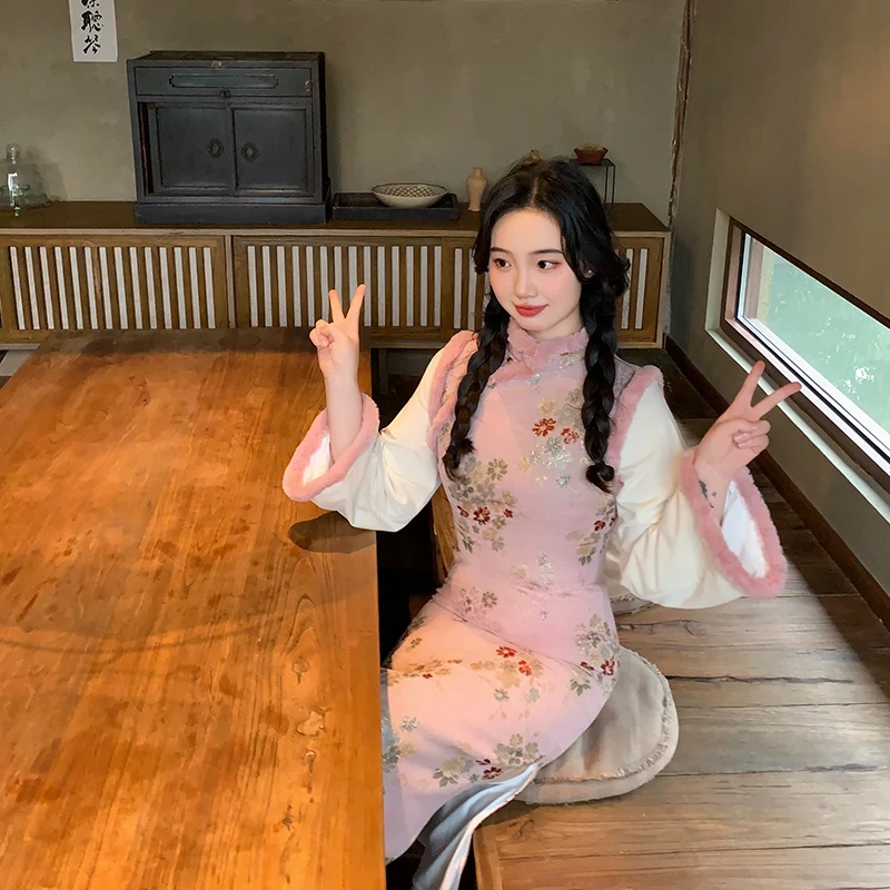 

Теплые пушистые длинные пальто с ретро-узором и цветочным принтом из зимней коллекции, традиционные китайские женские пальто с длинными рукавами