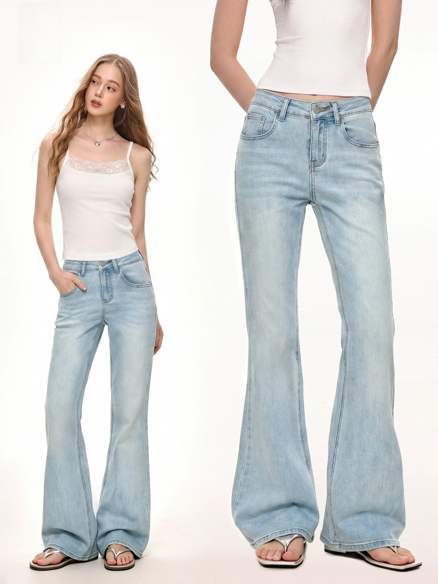

November American Style Spicy Girl Light Blue Vintage High Waist Jeans Women's Design Slimming Casual Pants High Waist Wide L...