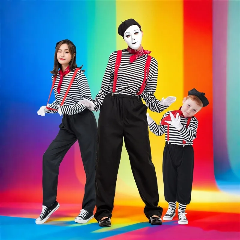 

Halloween Cosplay Stage Outfit Parent-Child Version White Striped Overalls Red Scarf Clown Performance Costume Polyester