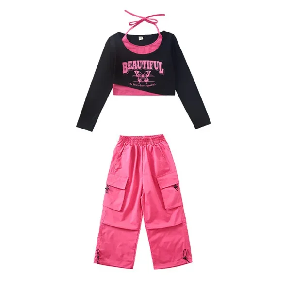 Menina hip hop roupas ruched decote em v colheita topo bolso largo calças de carga para crianças jazz dança traje roupas