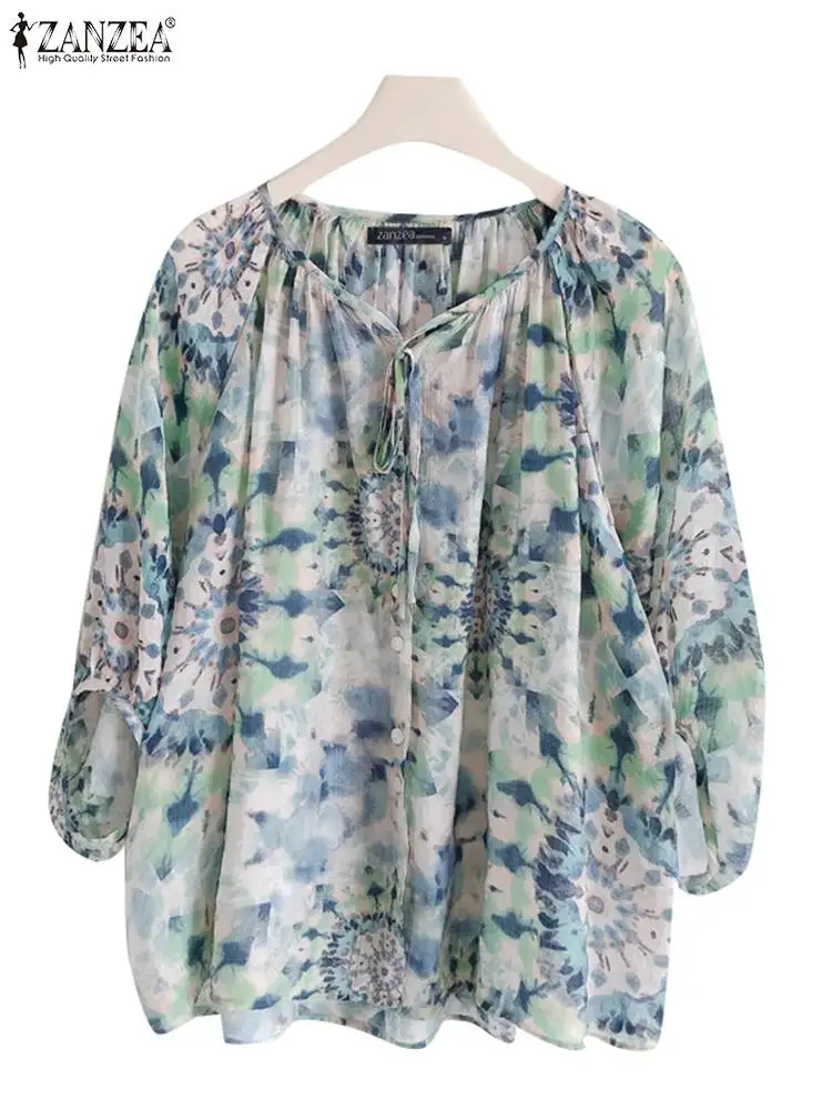 2024 ZANZEA Women Bohemian Floral Printed Blouse Autumn Shirt Fashion Lace Up Holiday Tops Tunic Casual Loose Party Blusas Mujer