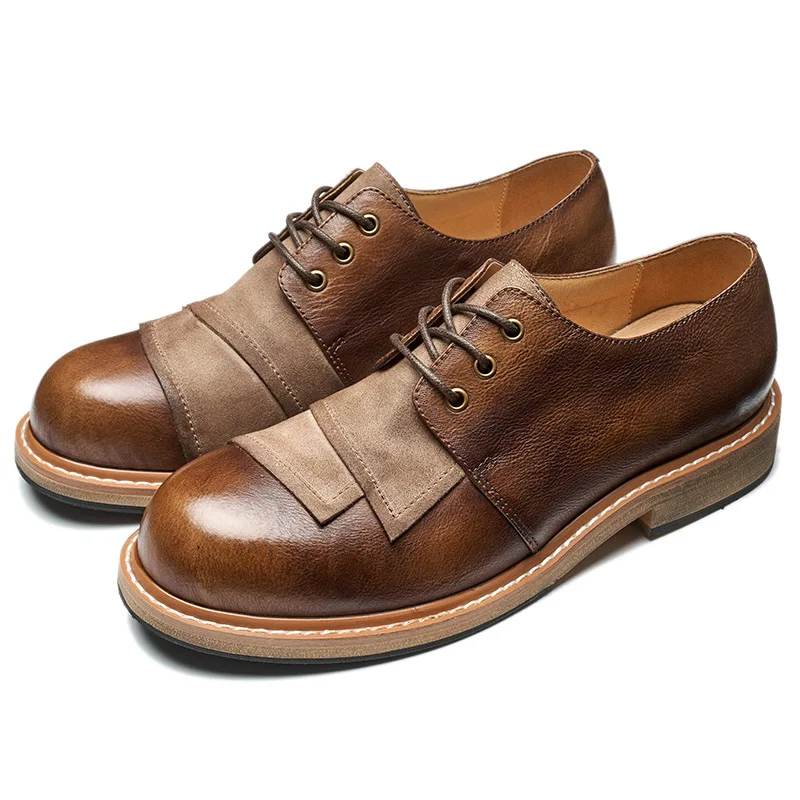 

YETTIES Vintage Low Top Derby Shoes, Genuine Leather Round Toe Lace-Up, Distressed Patchwork Casual Shoes for Men