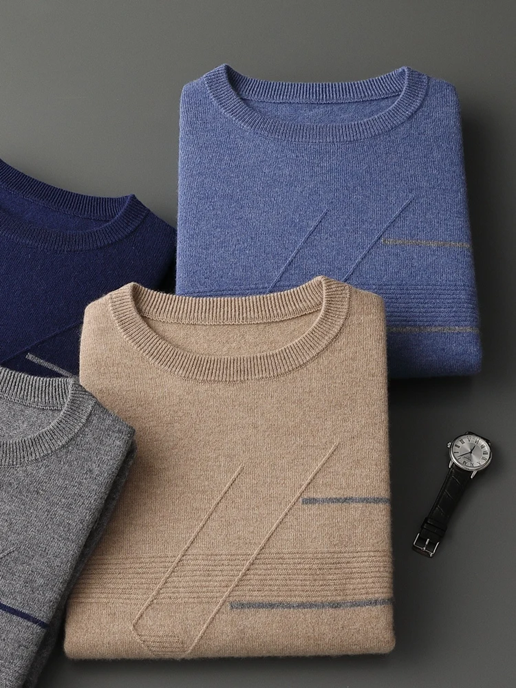 100% Cashmere Men Pullovers Spring Fall Winter Chic Long Sleeve Top One Line Ready to Wear Round Neck Jacquard Cashmere Sweater