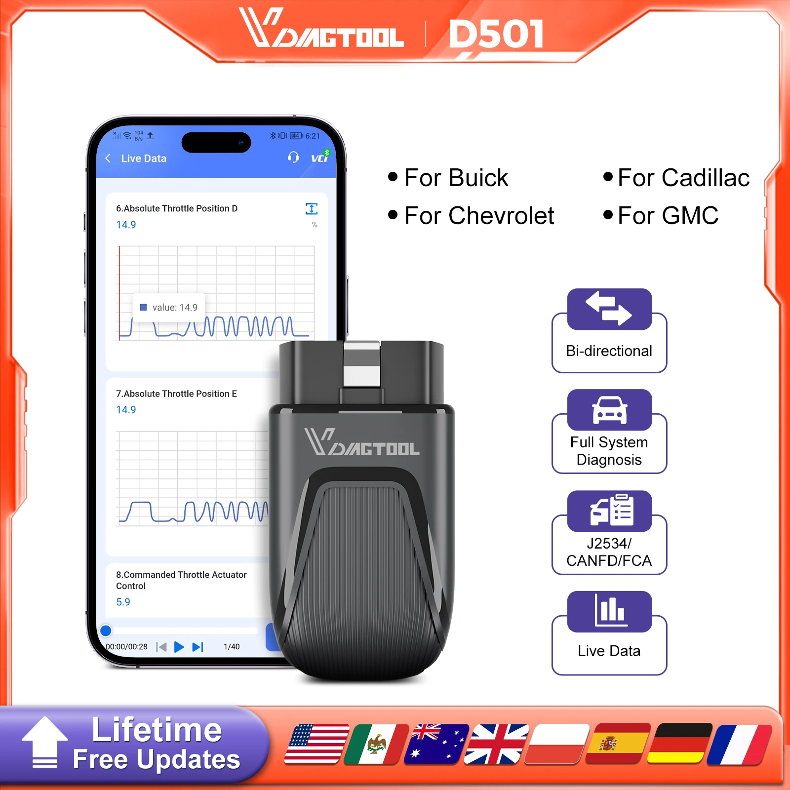 

Диагностический сканер VDIAGTOOL D501 J2534 для программирования всех систем OBD2 для Buick/Chevrolet/Cadillac с 28+ функциями сброса, CANFD, FCA