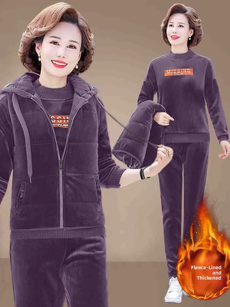 

Утепленный велюровый спортивный костюм для женщин среднего и пожилого возраста, осенне-зимний комплект из трех предметов: худи, свитшот, брюки, большие размеры, для мам
