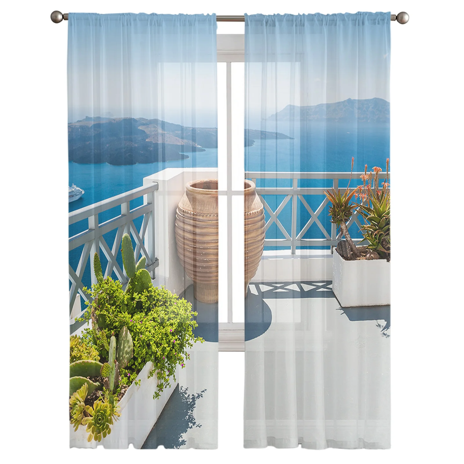 Seaside Island Boat Clay Pot Potted Cactus Sheer Curtain Living Room Window Tulle Curtain Bedroom Veiling Curtains Luxury Drapes