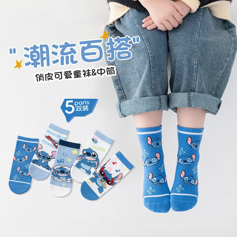 

5 Pairs Stitch Cotton Socks Anime Cartoon boys Socks Medium Length Socks Combed Cotton Birthday Gift Winter Children's