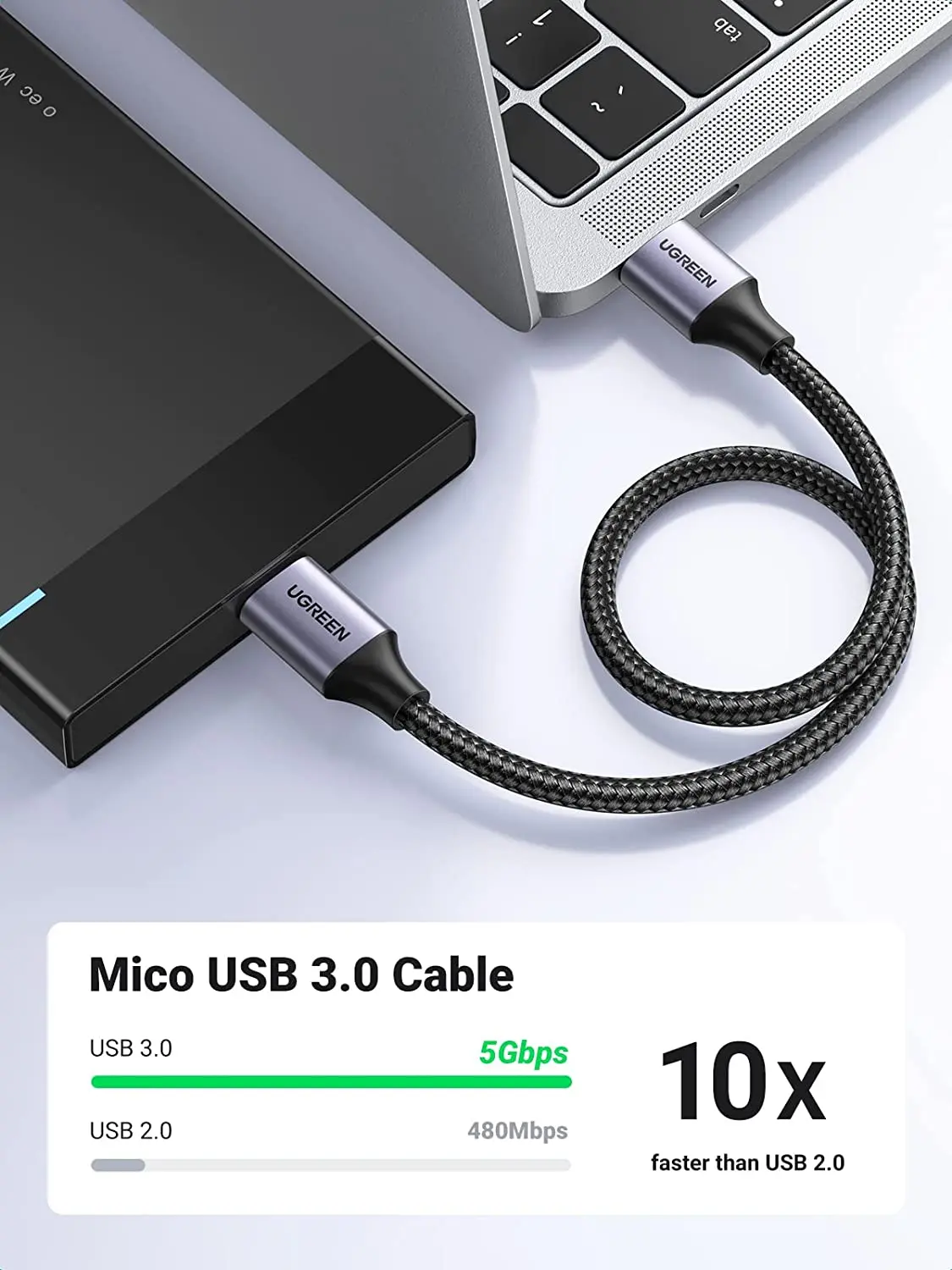 UGREEN Micro USB 3.0 Cable Nylon Braided USB 3.0 A to Micro B High Speed Data Cord for External Hard Drive