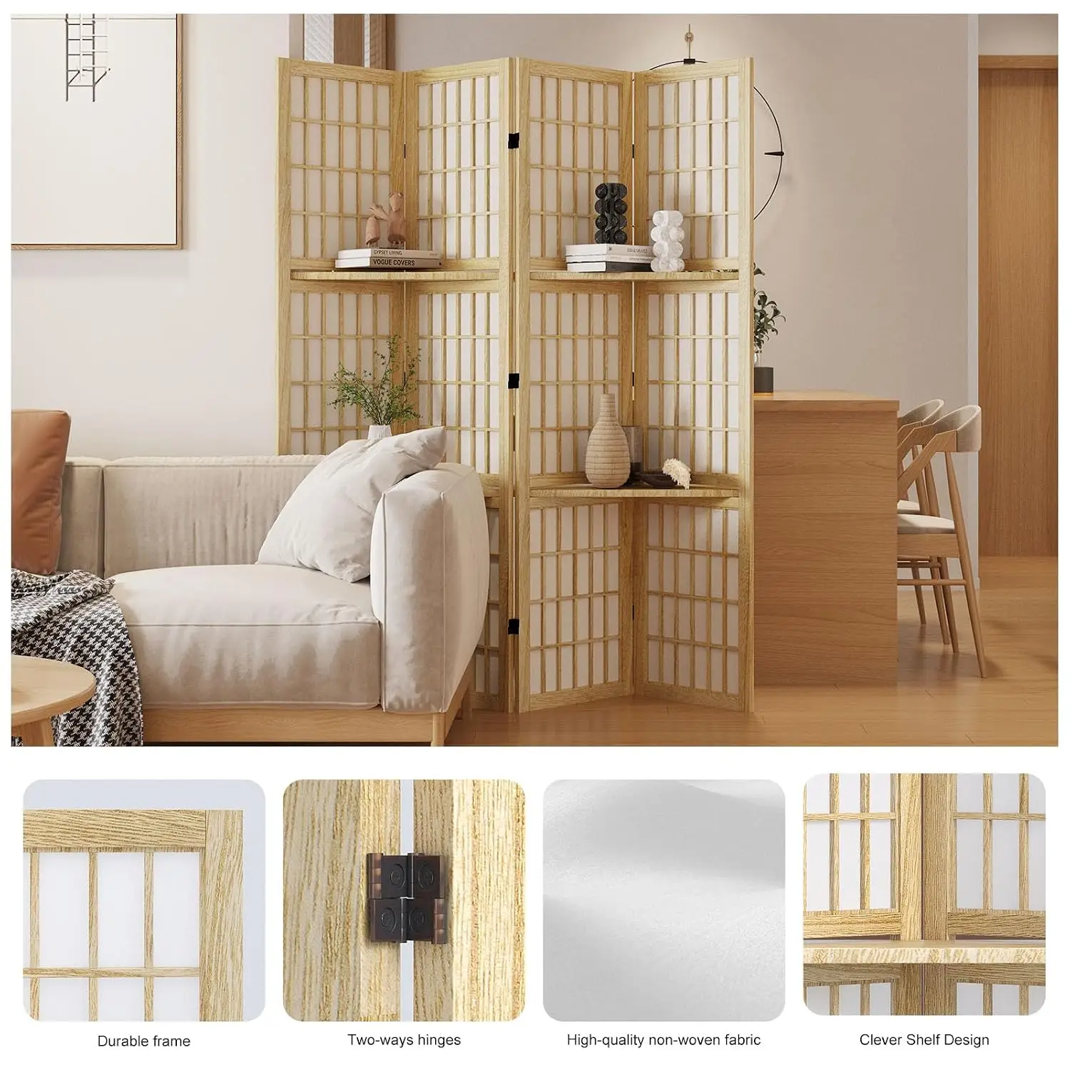66.9-Inch Tall Wood Shoji Screen Room Divider with Double Hinges & Shelves for Home Office Bedroom Hotel, 4 Panels, Customized