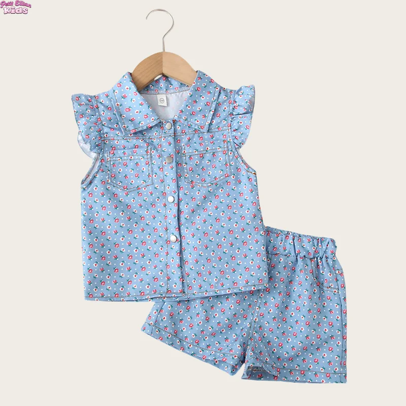 

Toddler Girl Cotton Outfit Set 3-7Y Children's Clothing Floral Fake Denim Shirt and Shorts Stylish Summer Wear for Kids Girls
