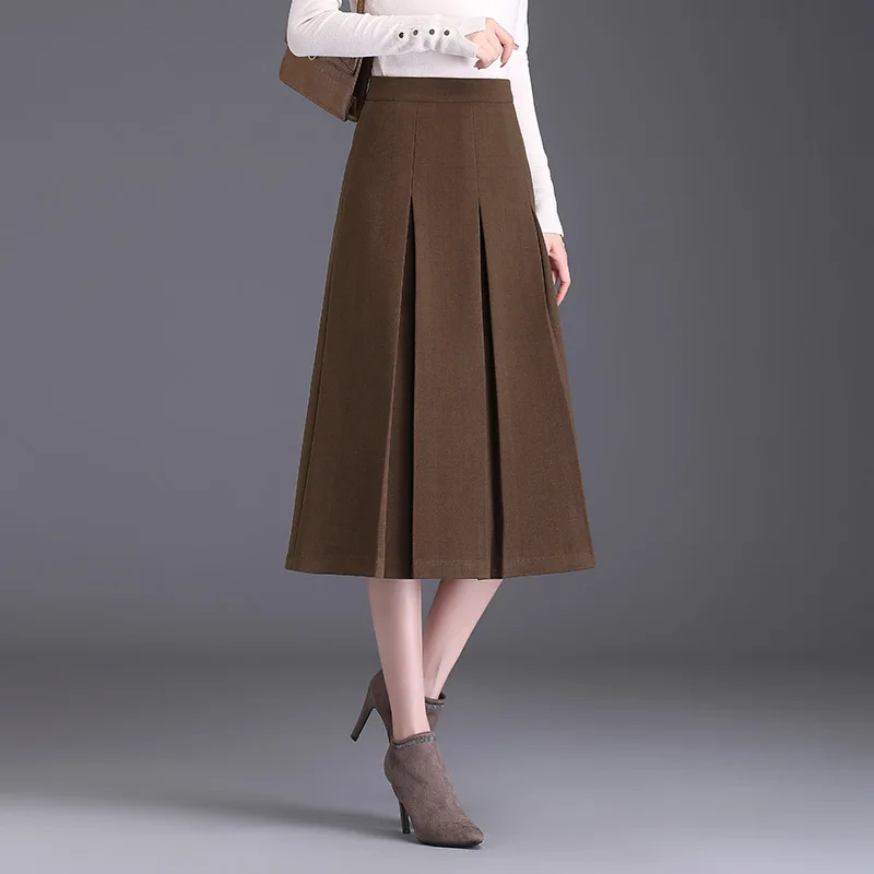 #1634 Black Gray Brown Pleated Skirt Women Autumn Winter Woolen Skirt Ladies Thick High Waisted A-line Midi Skirt Autumn Winter