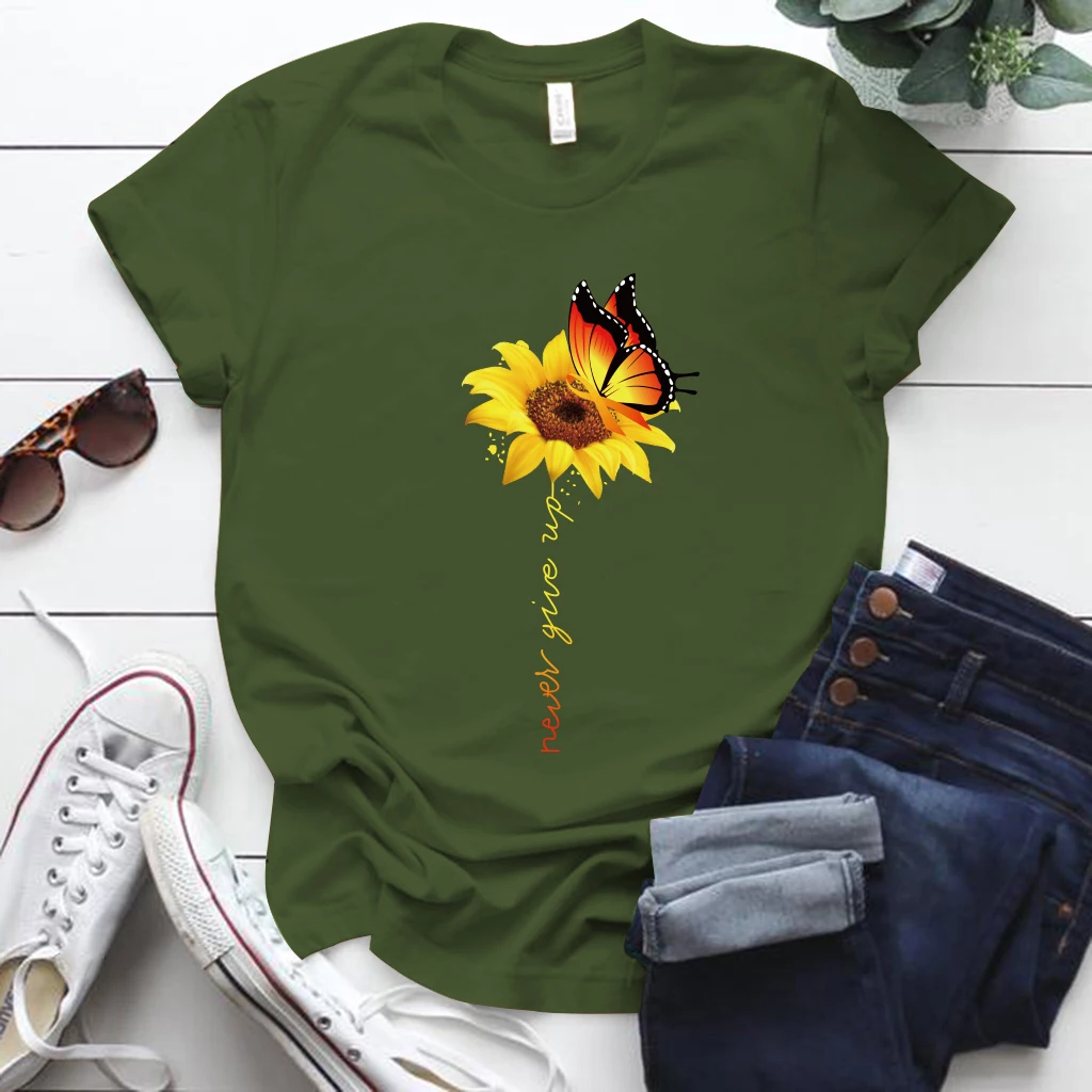 Seeyoushy Never Give Up Butterfly Flower Print Tshirt donna manica corta S-5xl Summer Tshirt Femme Graphic Tee Top abbigliamento donna