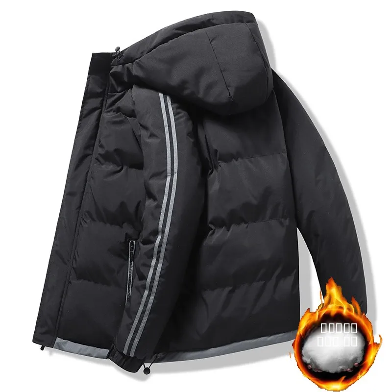 

Утепленная хлопковая куртка с капюшоном для мужчин: теплая, в полоску, осенне-зимняя, новинка, приталенный крой, повседневная, молодежная, популярная