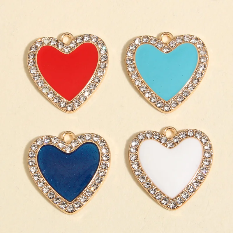 5pcs Gold Color 21x21mm Cute Heart Crystal Charms Love Enamel Pendant Fit Necklaces DIY Handmade Jewelry Making Finding Supplies