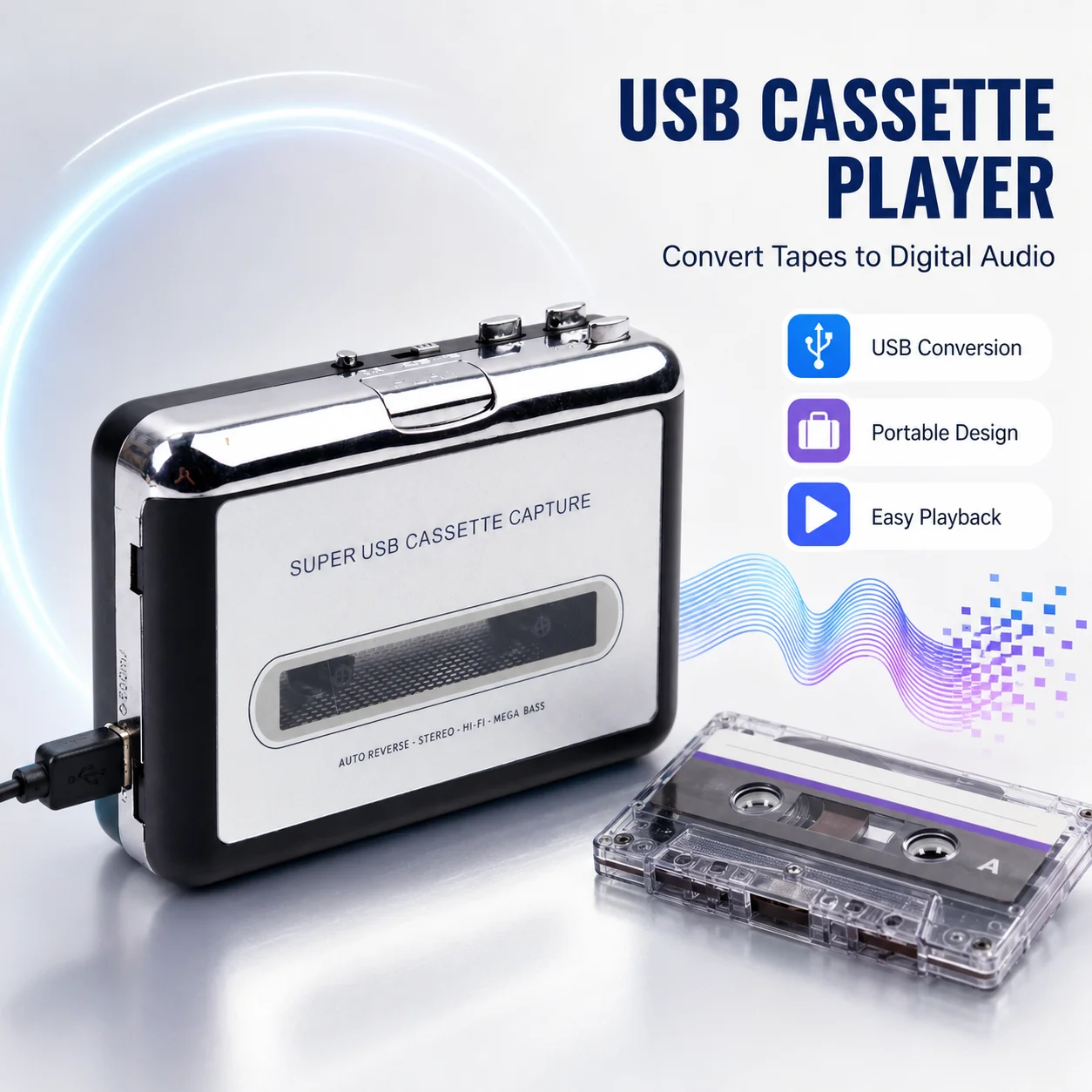 Portable USB Cassette Player And Tape To MP3 Converter With Stereo Earphones, Audio Capture Software And USB Cable For PC